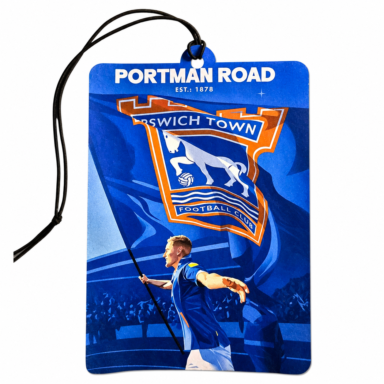A rectangular car air freshener or luggage tag with a black hanging loop, featuring a blue and white illustration of a soccer player and the Portman Road / Swans Town Football Club crest on a white background.