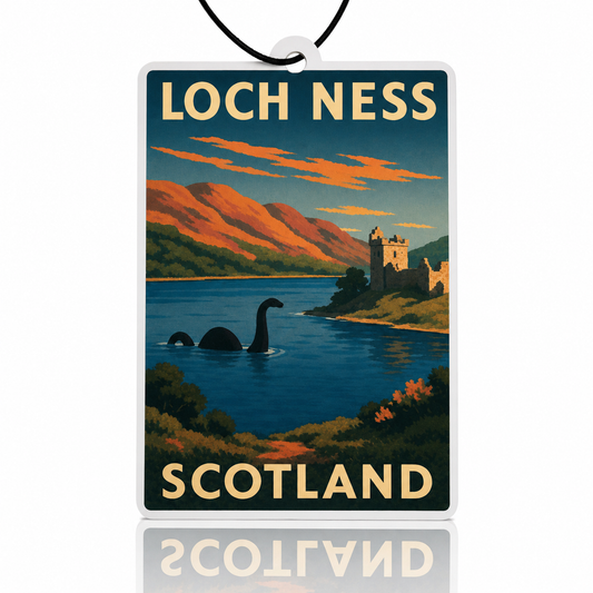 Loch Ness Scotland car air freshener travel poster with a castle and lake scene.