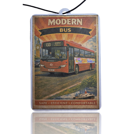 Modern Bus Car Air Freshener - Vintage Travel Poster Style Novelty Accessory and Gift
