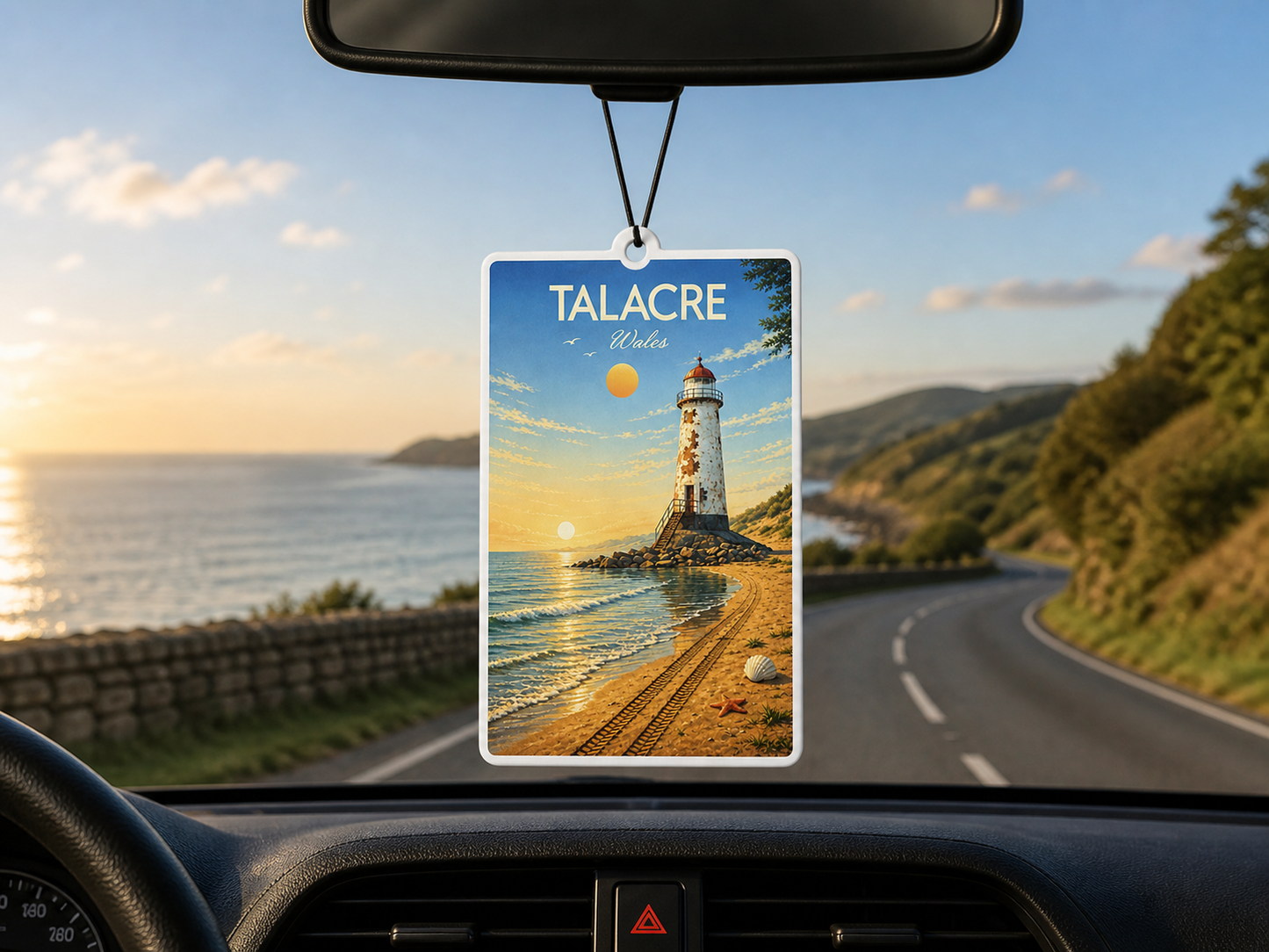 Car air freshener with talacre lighthouse design hanging from a car's rearview mirror.