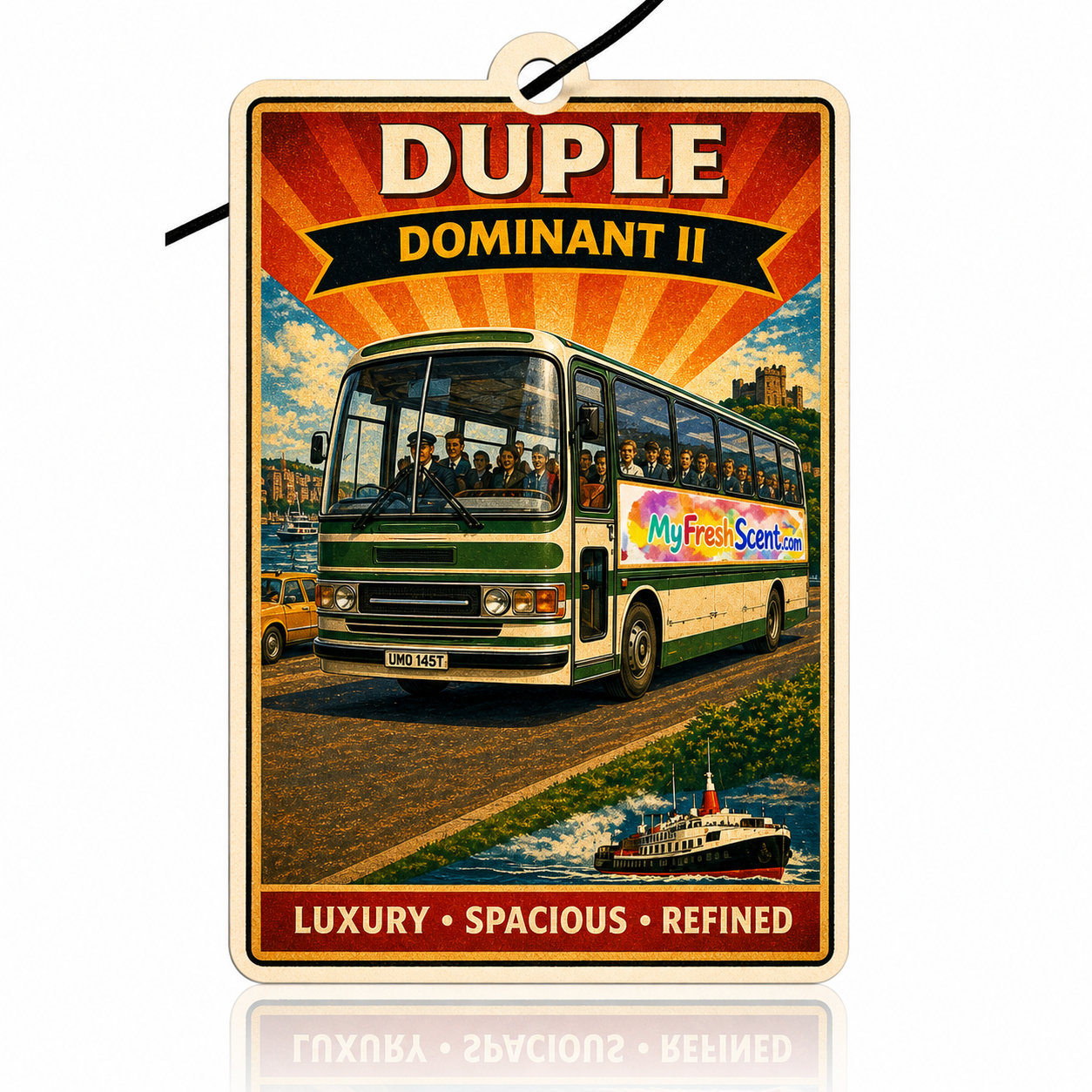 Car air freshener featuring a duple dominant coach with scenic background 