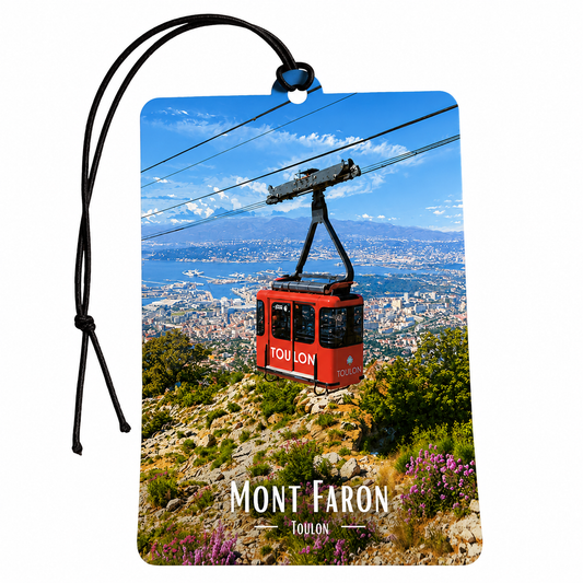 Mont Faron Toulon car air freshener featuring red cable car overlooking Toulon France