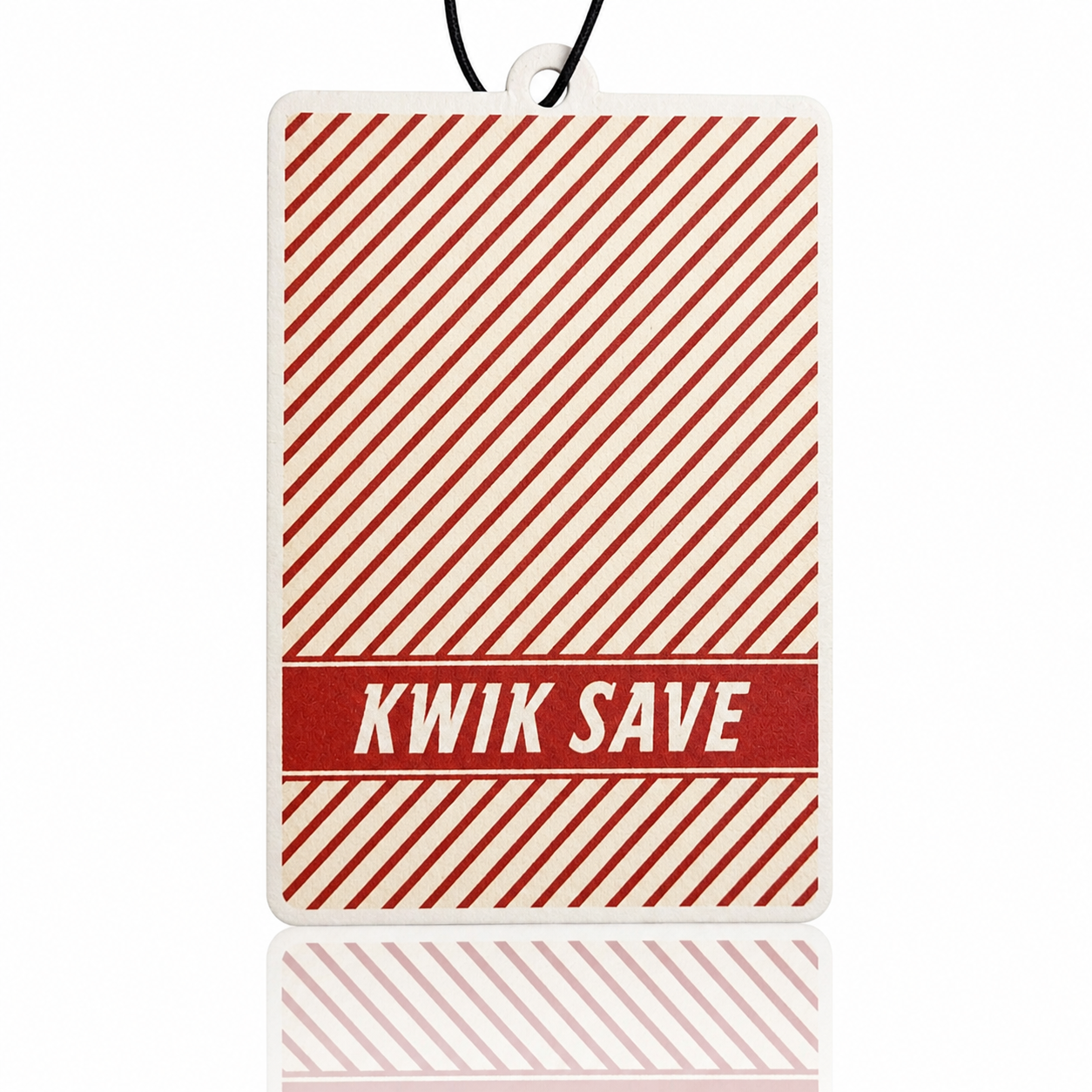 Red and white striped car air freshener with 'Kwik Save' text on a white background