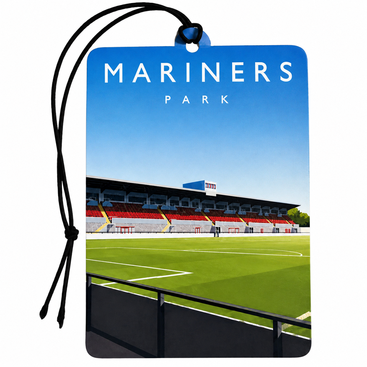 A rectangular car air freshener tag featuring a printed illustration of Mariners Park stadium under a blue sky, with the text 'MARINERS PARK' at the top and a black hanging cord.