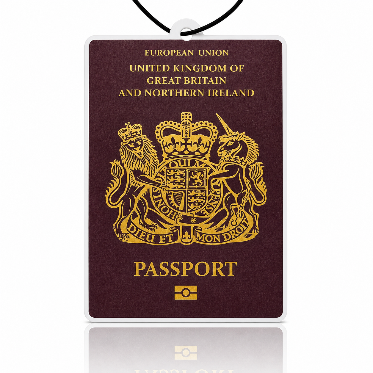 Passport car air freshener with British coat of arms on a white background