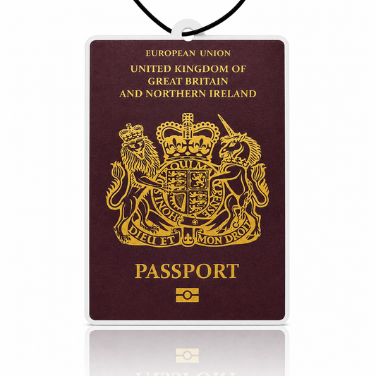 Passport car air freshener with British coat of arms on a white background
