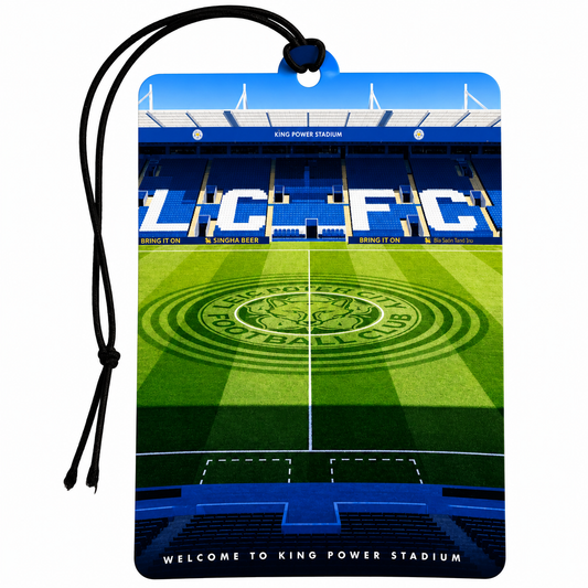 A rectangular luggage tag or car air freshener with a black hanging cord, printed with a scenic view of King Power Stadium at Celtic FC. The design features the blue and white stadium stands, the green pitch with the Celtic FC logo, and the text 'KING POWER STADIUM' and 'WELCOME TO KING POWER STADIUM'.