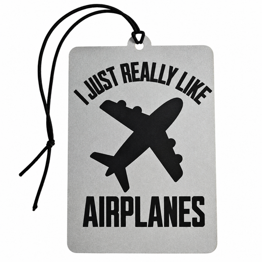 I Just Really Like Airplanes aviation car air freshener with black aircraft silhouette and hanging cord