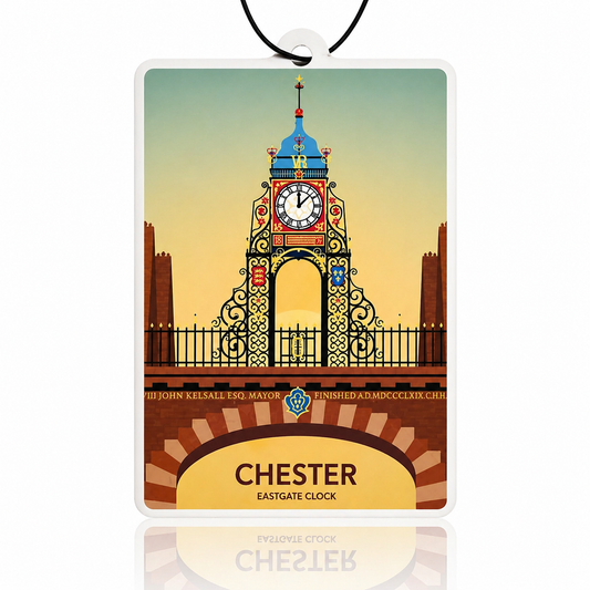 Decorative car air freshener with Chester Eastgate Clock design on a white background