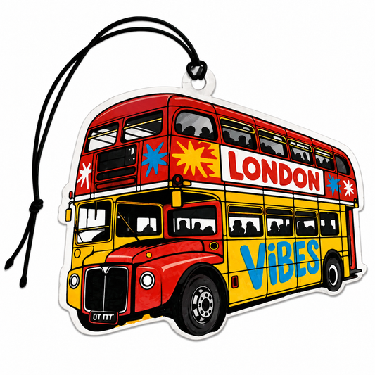 A car air freshener or luggage tag shaped like a classic red and yellow London double-decker bus, with a black hanging cord, shown on a plain white background.