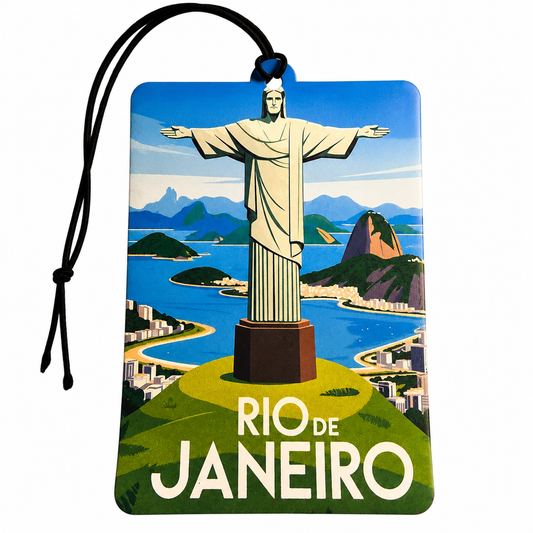 A rectangular travel tag or luggage tag or car air freshener featuring a retro-style illustration of the Christ the Redeemer statue in Rio de Janeiro, with a black hanging cord and the text 'RIO DE JANEIRO' at the bottom, shown on a plain white background.