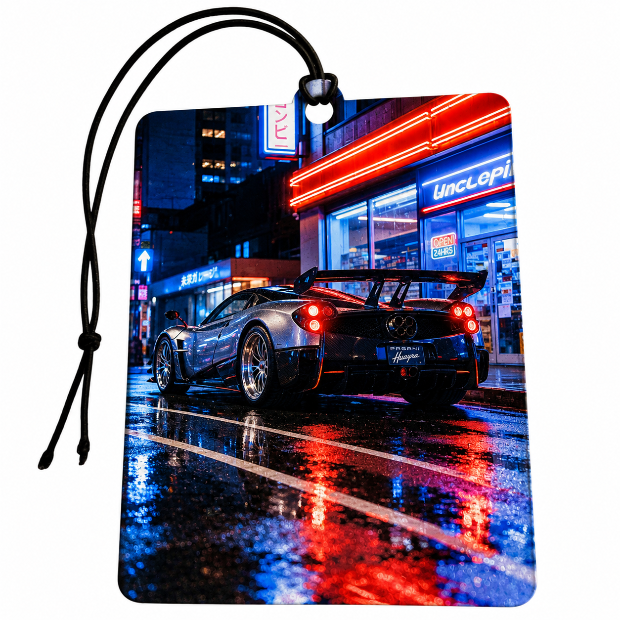 Pagani Huayra inspired supercar hanging car air freshener with neon night street design