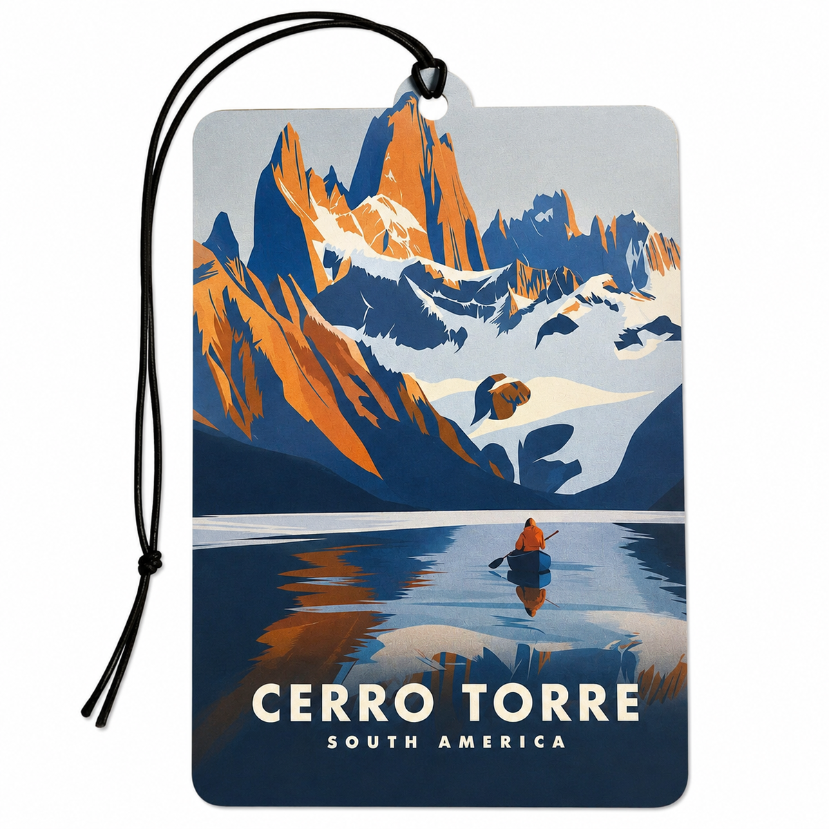 A rectangular luggage tag or car air freshener tag with a black hanging cord, featuring a stylized travel poster design of Cerro Torre in South America. The graphic shows orange and blue mountain peaks, snowy slopes, a reflective lake, and a small canoe with a person.
