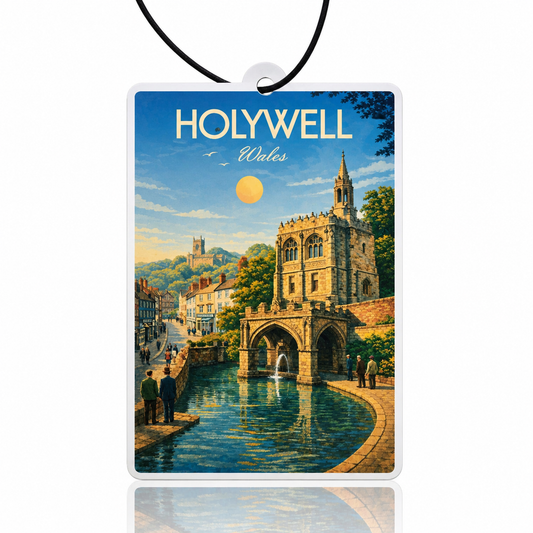 Car air freshener with a scenic view of Holywell, Wales, featuring a castle and canal.