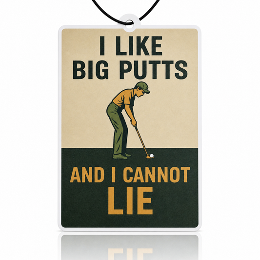 Golf-themed car air freshener with humorous text and illustration on a beige and black background