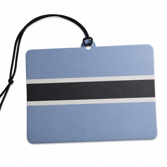 A rectangular air freshener or car air tag with rounded corners, featuring the flag of Botswana in light blue, black, and white horizontal stripes, with a black hanging cord.