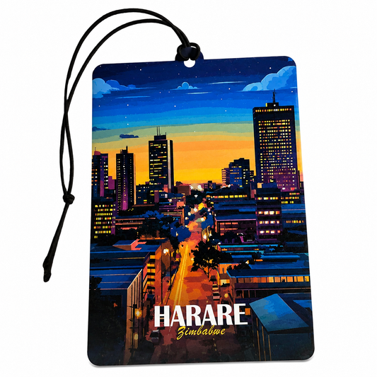 A rectangular car air freshener or luggage tag with a black hanging cord, featuring a colorful illustrated city skyline at sunset with the text 'HARARE Zimbawe' at the bottom, shown on a plain white background.
