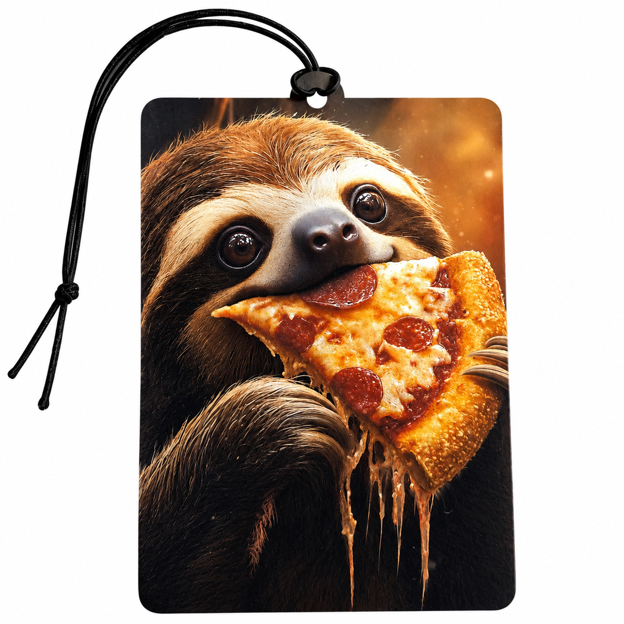 A rectangular car air freshener with a black hanging cord, printed with a close-up image of a sloth eating a slice of pepperoni pizza against a warm glowing background.