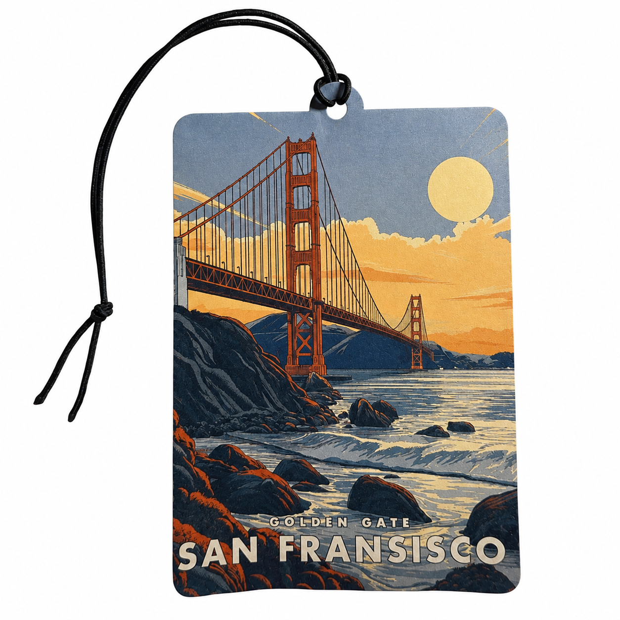 A rectangular car air freshener featuring a vintage-style illustration of the Golden Gate Bridge in San Francisco, with a black hanging cord, shown on a plain white background.