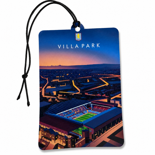 Aston Villa inspired Villa Park stadium car air freshener featuring a claret and blue football stadium design at sunset