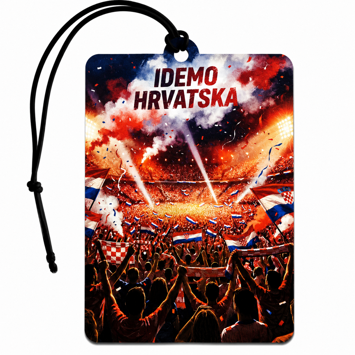 Croatia Idemo Hrvatska football car air freshener featuring Croatian flags, cheering supporters and a stadium design, approximately 72 x 100 mm.