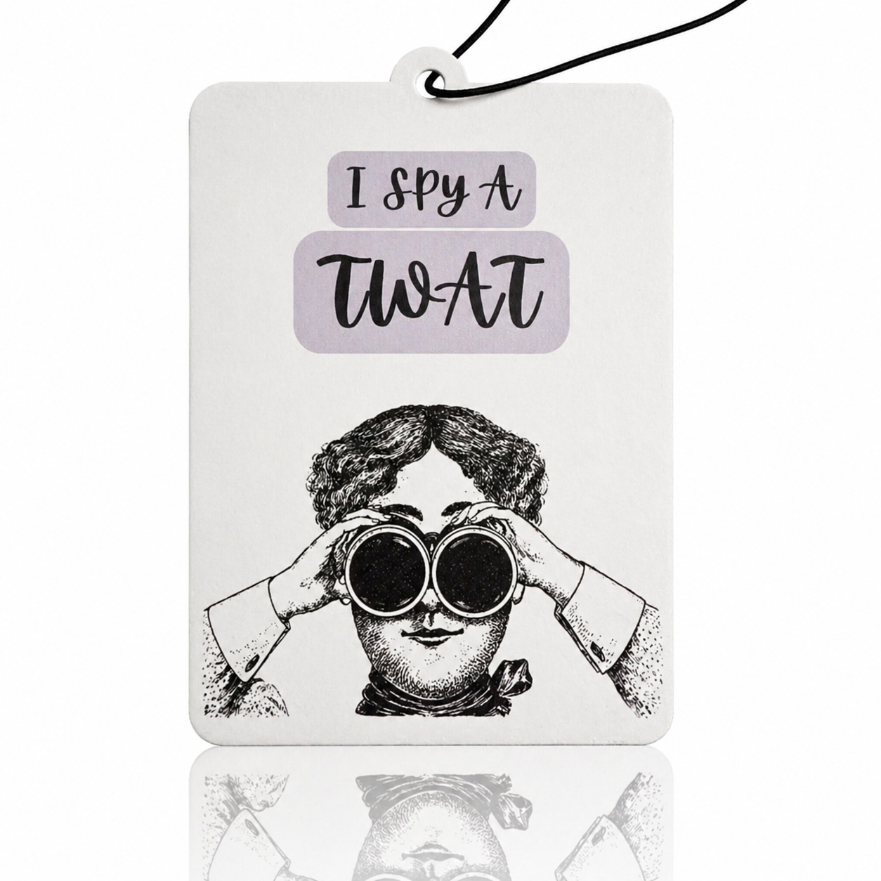 Car air freshener with humorous text and illustration on a white background
