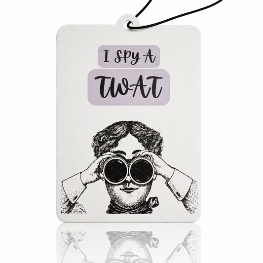 Car air freshener with humorous text and illustration on a white background