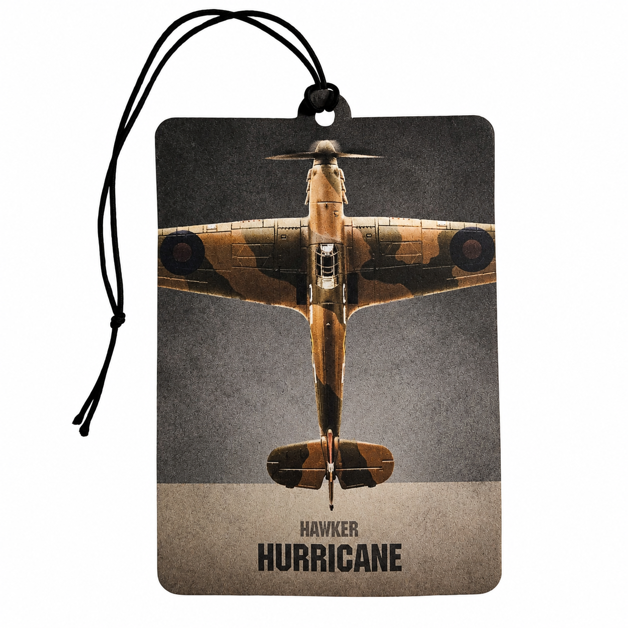 A rectangular luggage tag or car air freshener with a black hanging cord, featuring a vintage-style printed image of a Hawker Hurricane fighter plane on a dark gray and beige background.