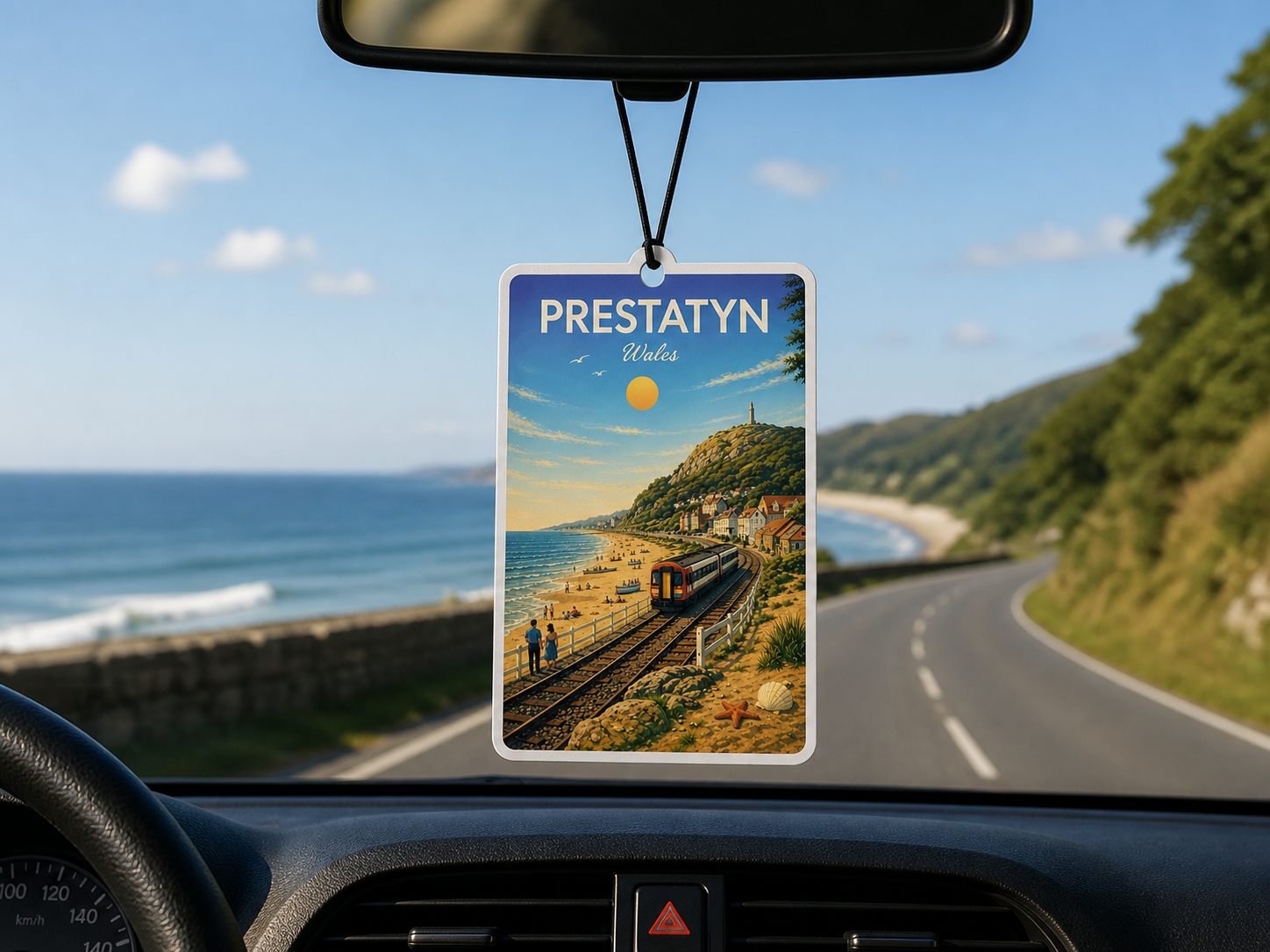 Car air freshener with a scenic view of Prestatyn, Wales, hanging from a car's rearview mirror.