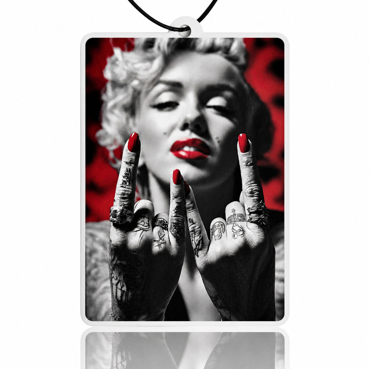 Car air freshener with a stylized portrait of a woman with tattoos and red nails on a white background