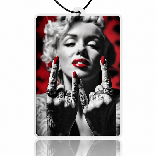 Car air freshener with a stylized portrait of a woman with tattoos and red nails on a white background