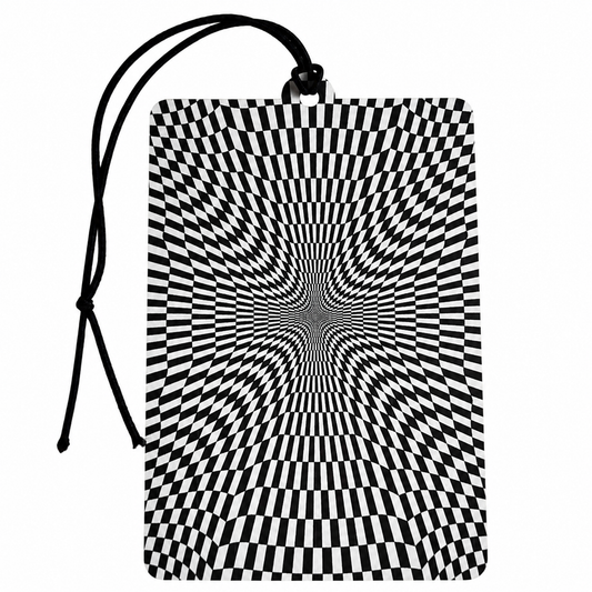A rectangular black and white optical illusion patterned card or car air freshener with a black hanging cord, shown on a plain white background.