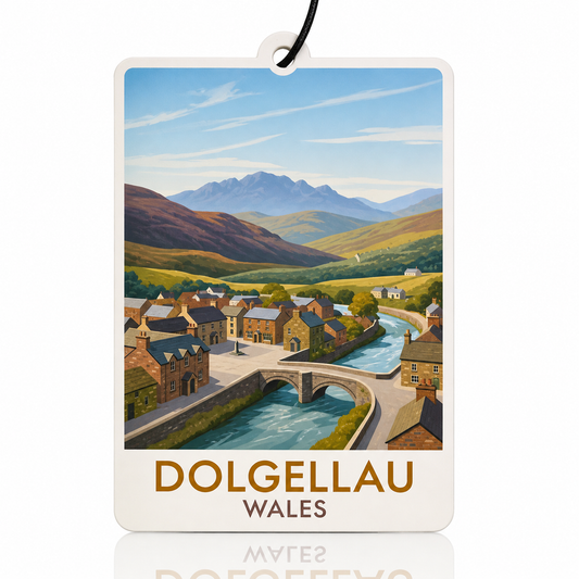 Car air freshener with a scenic view of Dolgellau, Wales.