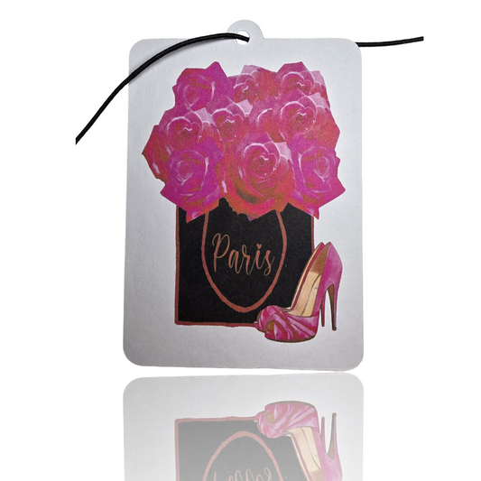 Paris Rose Car Air Freshener with Pink Heels Hanging - Fashion Inspired Chic Accessory for Your Car