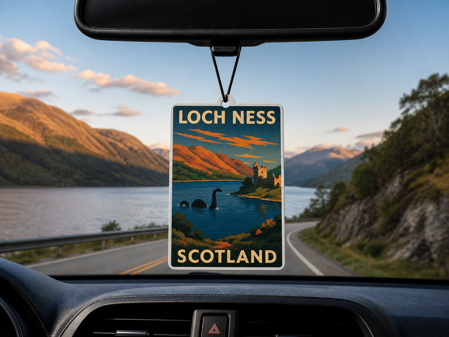Car air freshener with Loch Ness design hanging from a car's rearview mirror.