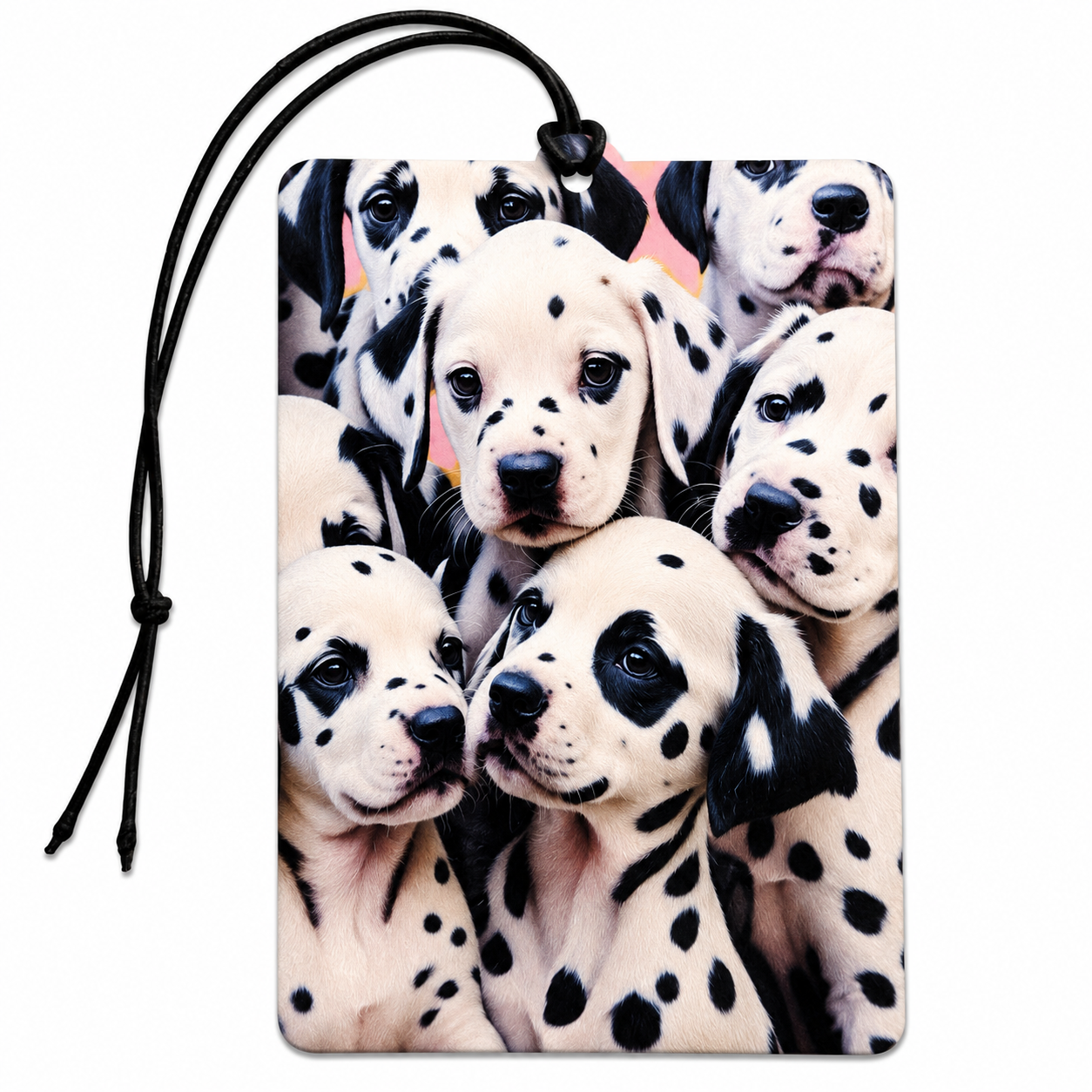 A rectangular luggage tag or Car Air Freshener featuring a close-up print of several Dalmatian puppies, complete with a black hanging cord, shown against a plain white background.