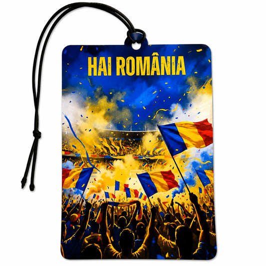 A rectangular luggage tag with a black hanging cord, featuring a vibrant graphic print of a Romanian football stadium crowd with the text 'HAI ROMÂNIA' in yellow at the top. The print depicts fans waving Romanian flags amidst blue, yellow, and red confetti and smoke.