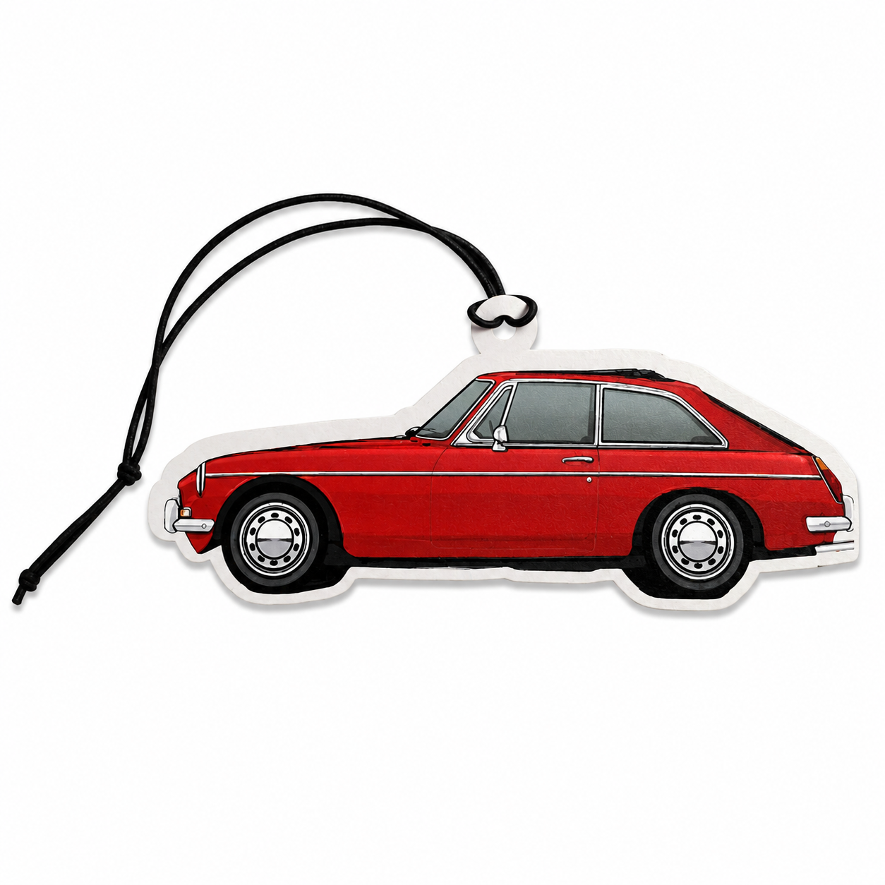 A die-cut acrylic car ornament or car air freshener shaped like a red coupe, with a black hanging cord, shown on a plain white background.