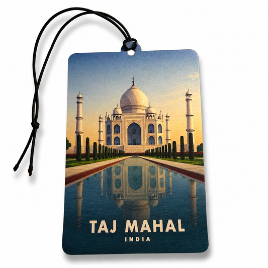 Taj Mahal India inspired hanging car air freshener featuring a vintage-style Taj Mahal and reflecting pool design with black hanging cord.