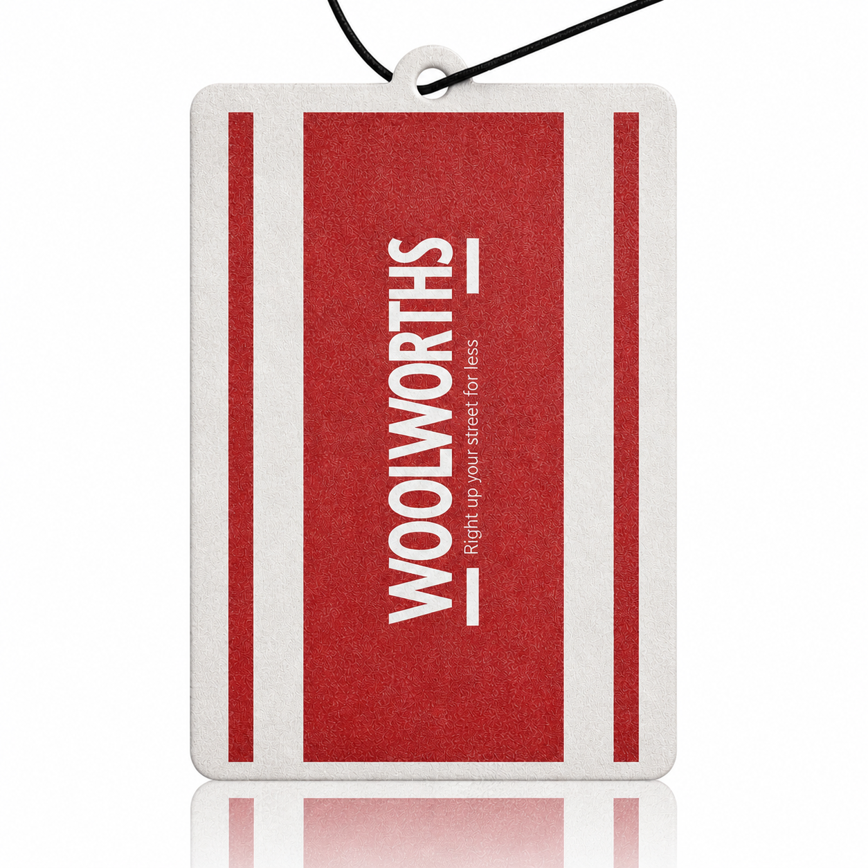 Red and white Woolworths car air freshener on a white background