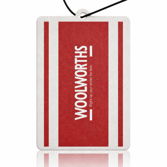 Red and white Woolworths car air freshener on a white background