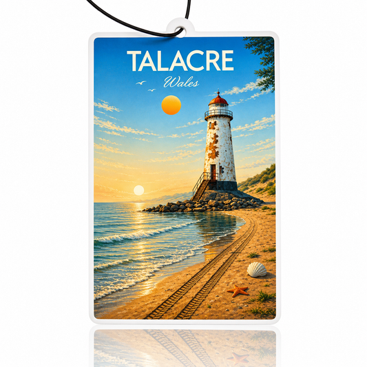 Lighthouse on a beach with 'Talacre Wales' text on a blue background