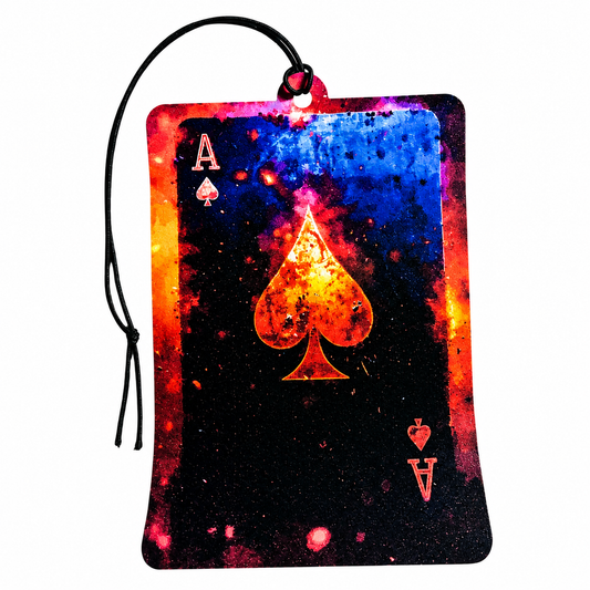 A rectangular card-shaped hanging car air freshener or ornament featuring an artistic, colorful Ace of Spades design. The design has a dark, textured background with vibrant watercolor-like splashes of blue, red, orange, and pink, and a glowing orange spade symbol in the center.