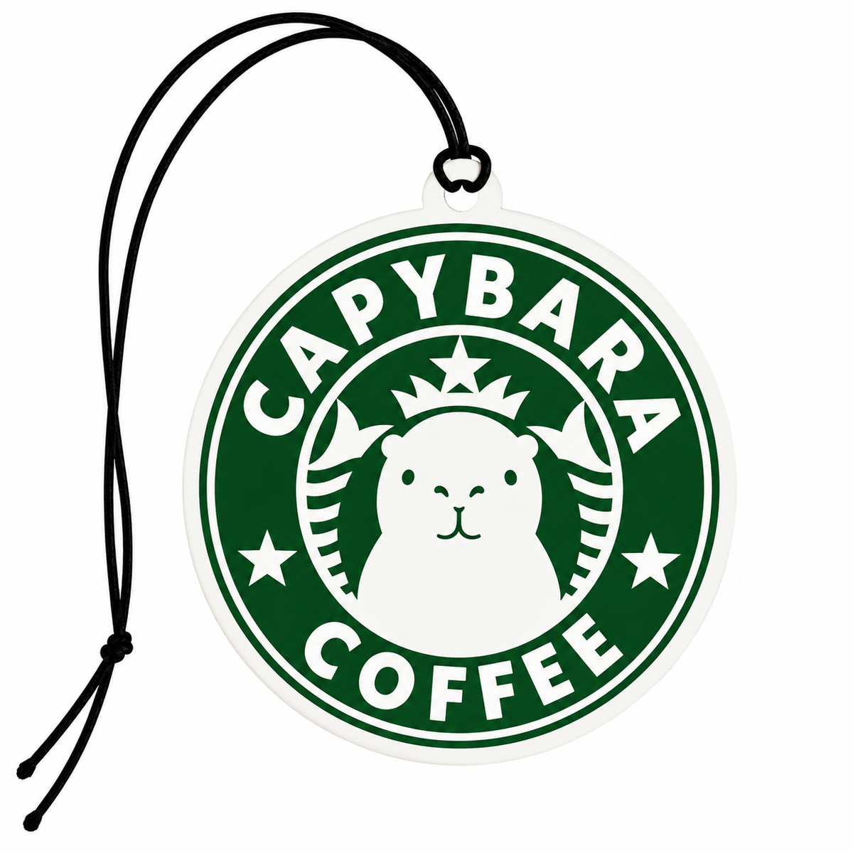 Round Capybara Coffee car air freshener featuring a cute capybara in a coffee shop-inspired parody logo with hanging cord.