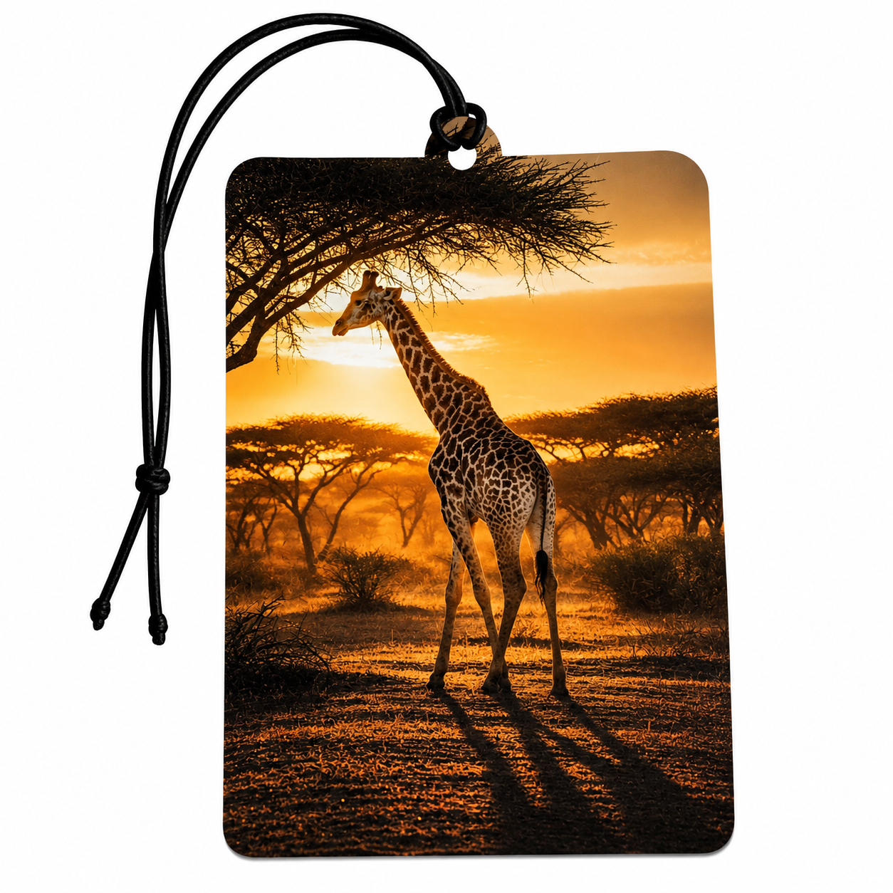 A rectangular car air freshener tag with rounded corners, featuring a printed safari scene of a giraffe under an acacia tree at sunset. The tag has a black hanging cord and is shown against a plain white background.