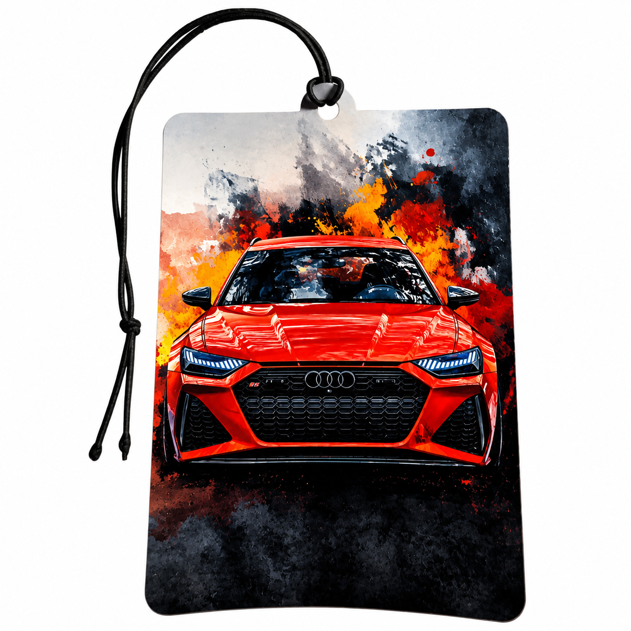 A rectangular car air freshener tag with rounded corners, featuring a printed graphic of a red sports car in front of a fiery, abstract background. The tag has a black hanging loop and cord, shown on a plain white background.