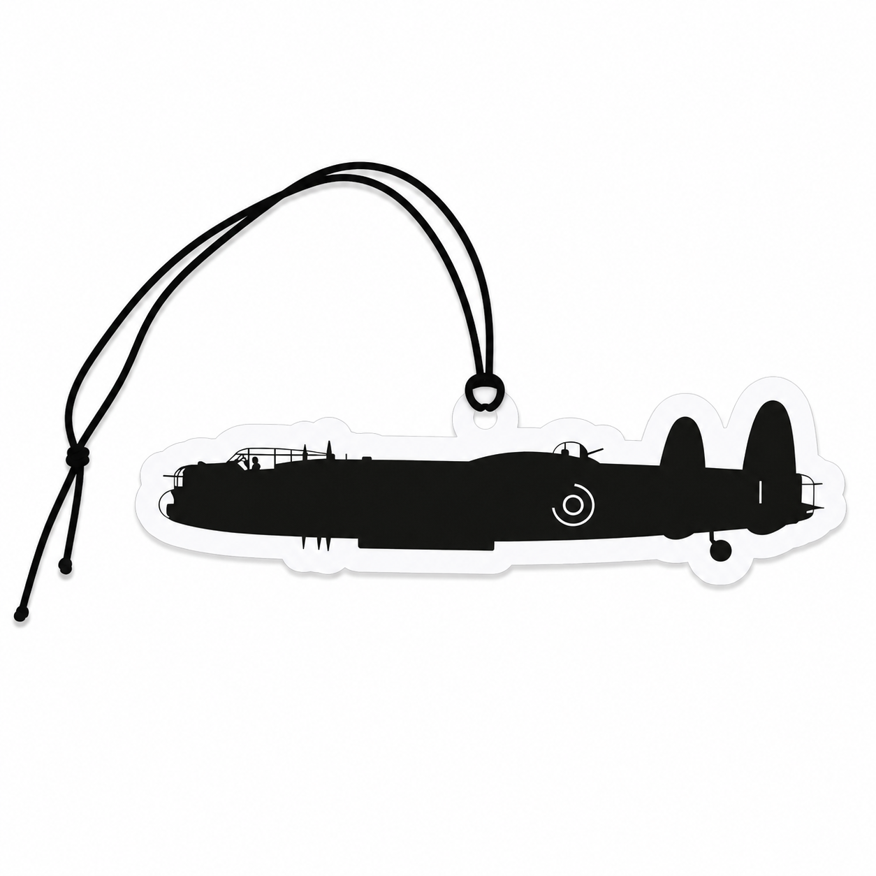 Minimalist Avro Lancaster Bomber silhouette car air freshener featuring the iconic RAF World War II heavy bomber in a black profile design.