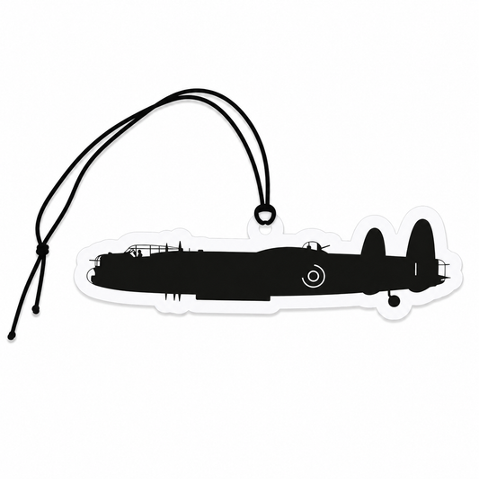 Minimalist Avro Lancaster Bomber silhouette car air freshener featuring the iconic RAF World War II heavy bomber in a black profile design.