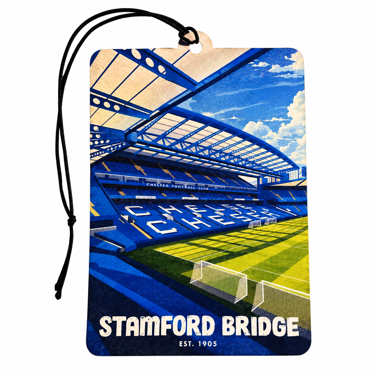 A rectangular car air freshener tag featuring a stylized illustration of Stamford Bridge football stadium under a blue sky, with a black hanging cord and the text 'STAMFORD BRIDGE EST. 1905' at the bottom.