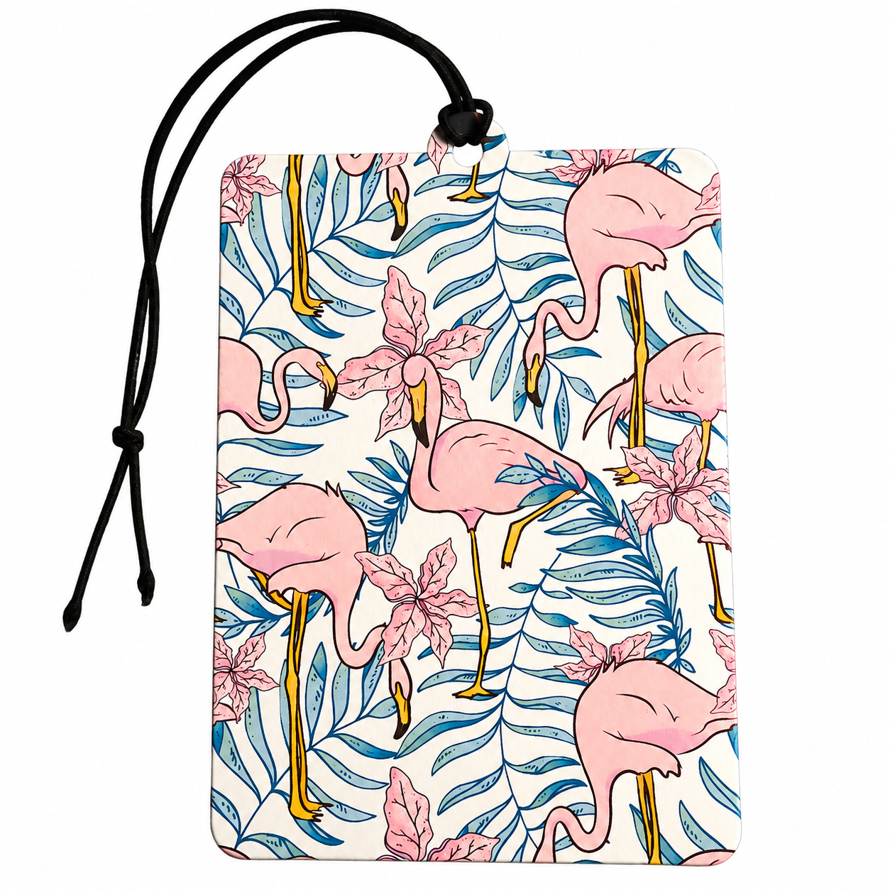 A rectangular hanging tag or car air freshener with a black cord loop at the top, featuring a repeating flamingo and tropical leaf pattern in pink, blue, yellow, and white on a plain white background.